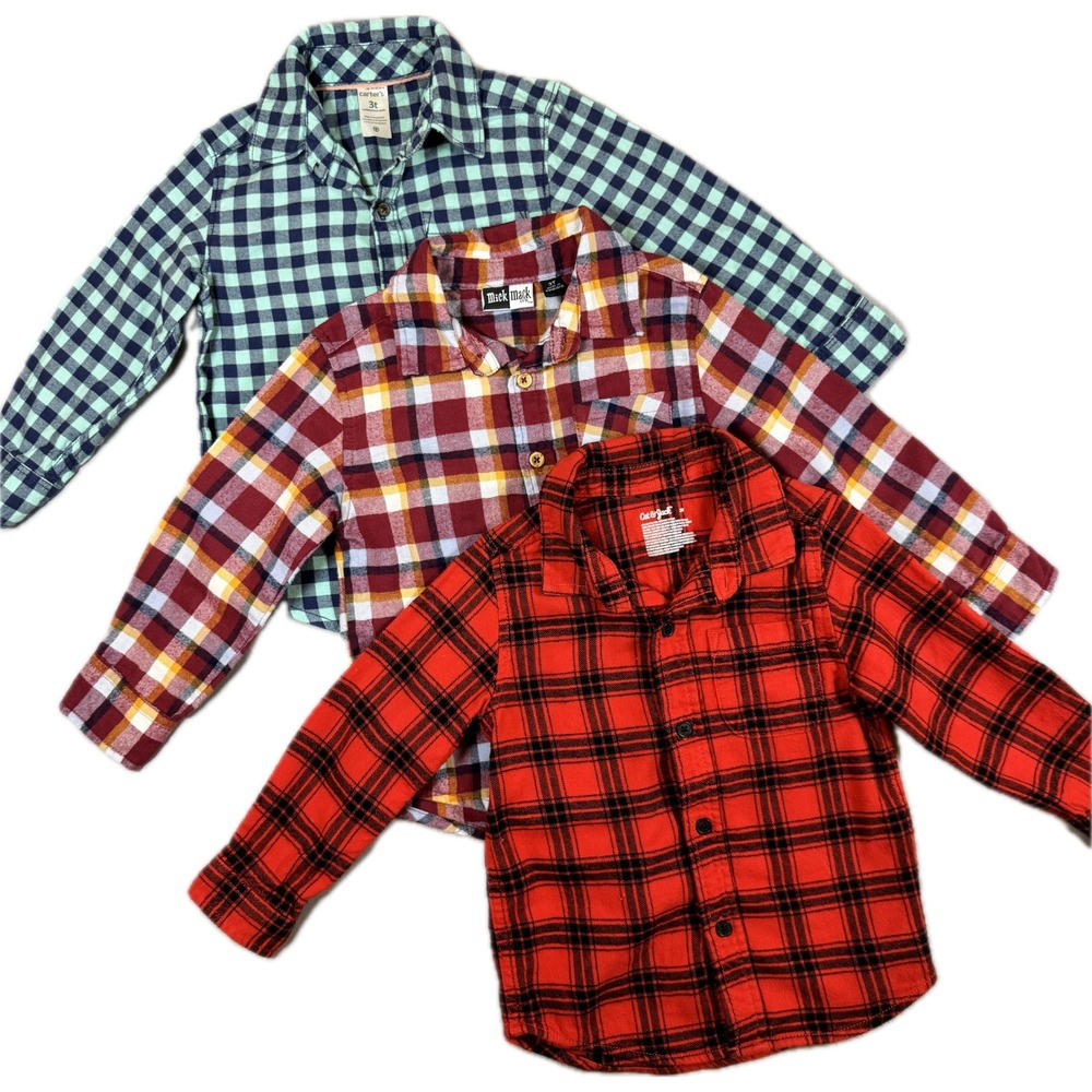 Lot of 3 Boys 3T Flannels Carter's Mick Mack Cat & Jack Multicolor Cotton Plaid